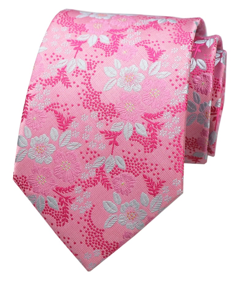 Elfeves Men's Women Boys Pink White Small Designer Jacquard Silk Tie Formal Self Necktie - Image 1